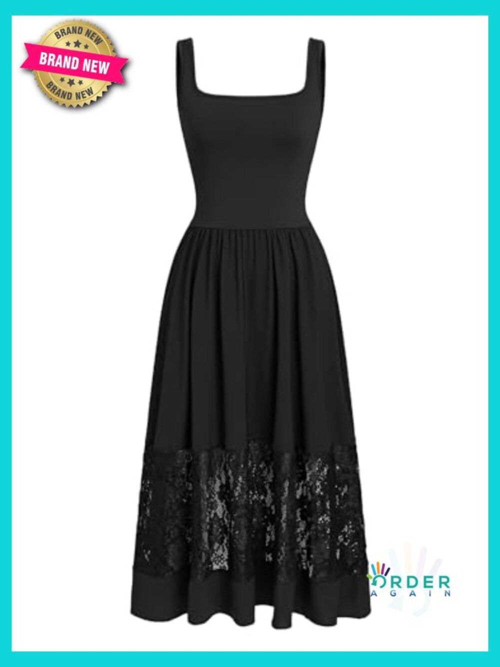 Square Neck Lace Midi Sundress Sleeveless A-Line Casual Party Cocktail Dress - Picture 6 of 7